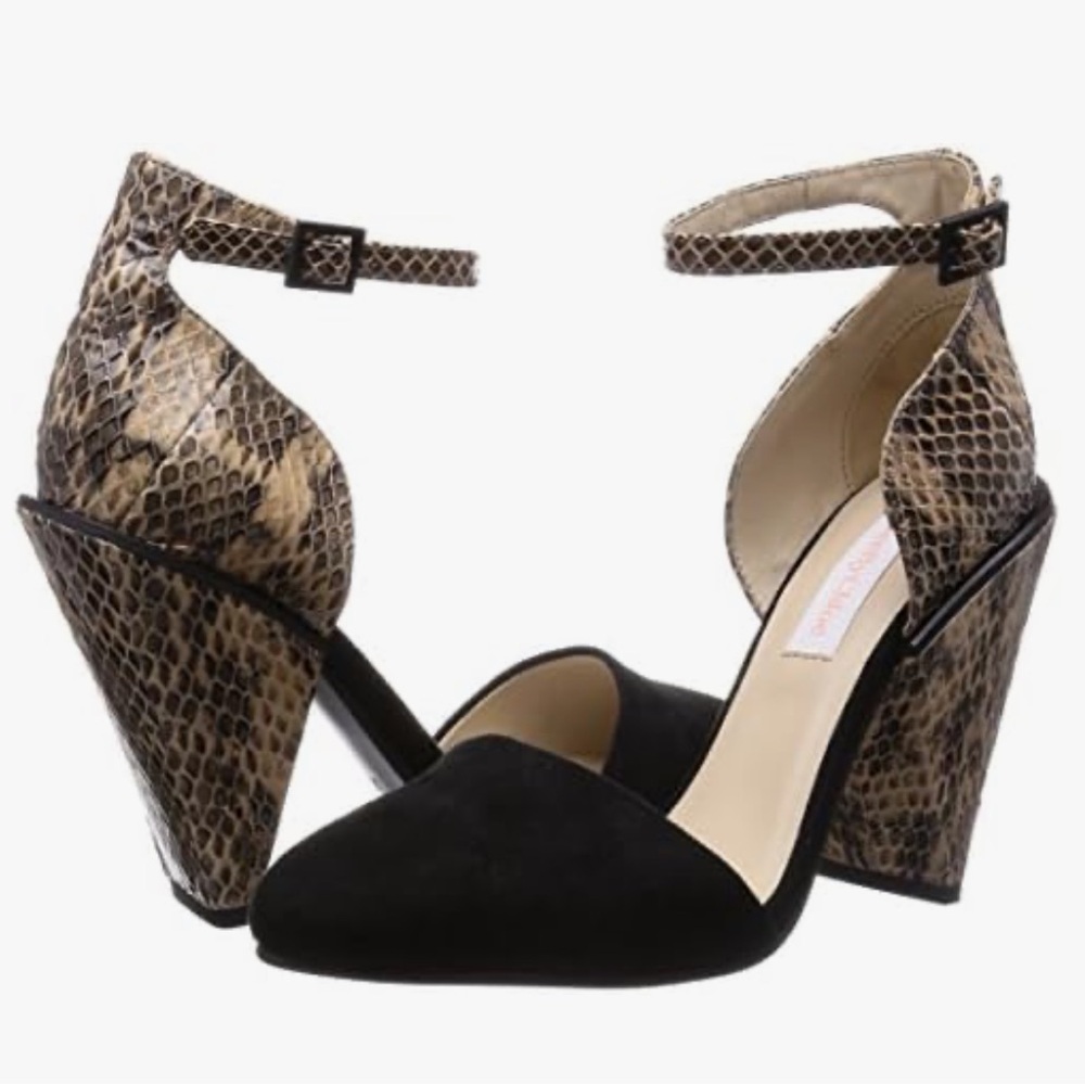 Sea By Chloe Black Suede Snake Print Chunky Heel Ankle Strap Blk/Brown SZ 35.5